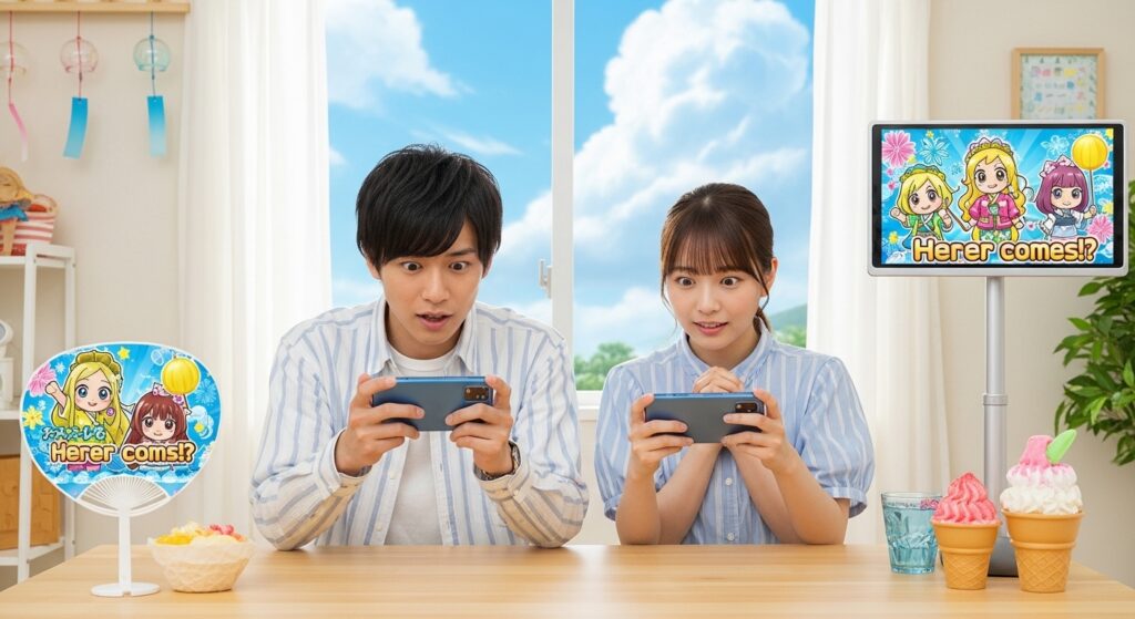 夏休みガチャで限定キャラの登場演出を見守る男女。期待と祈りが入り混じった表情でスマホを見つめ、部屋には風鈴やアイスなど夏の小物が並ぶ。