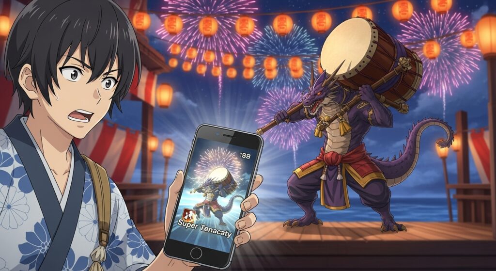 夏休みゼローグ降臨のボス、和太鼓を背負った龍人ゼローグと対峙するプレイヤー。夏祭り風の背景と花火が戦闘の迫力を引き立てる。